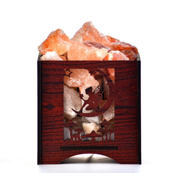 Fairy On Moon Himalayan Rock Salt Wooden Basket Lamp | Dreams & Serenity