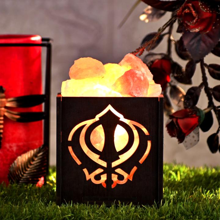 Ek Omkaar Himalayan Rock Salt Wooden Basket Lamp | Faith & Unity