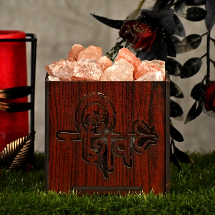 Mahakaal Himalayan Rock Salt Wooden Basket Lamp | Strength & Protection