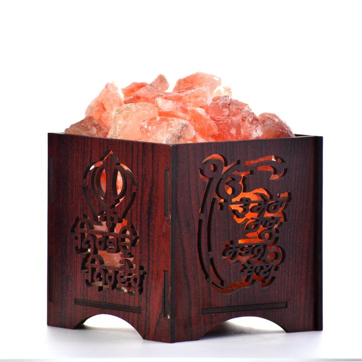 Nirbhau Nirvair Himalayan Rock Salt Wooden Basket Lamp | Gratitude & Peace