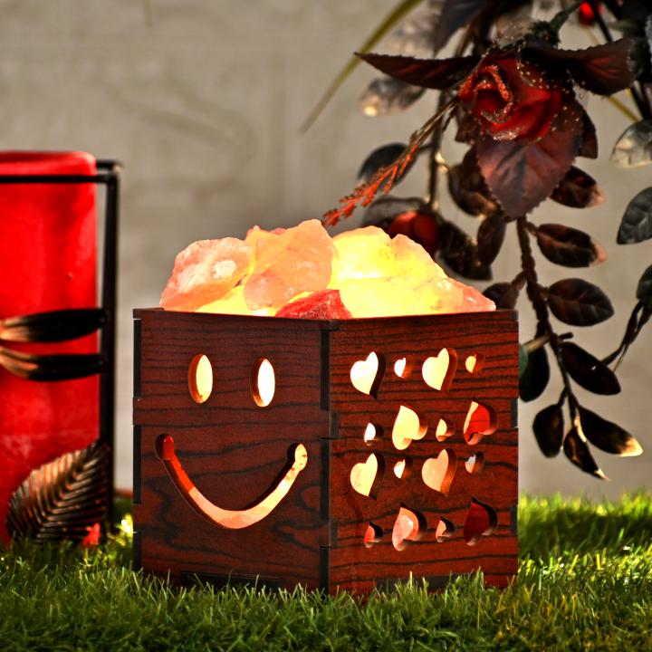Smiley Heart Himalayan Rock Salt Wooden Basket Lamp | Love & Spirituality