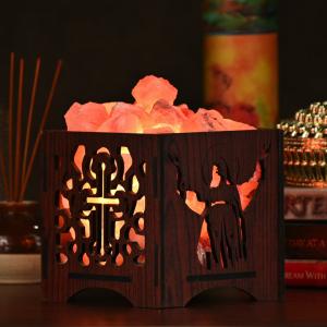 Jesus Himalayan Rock Salt Wooden Basket Lamp | Faith & Compassion