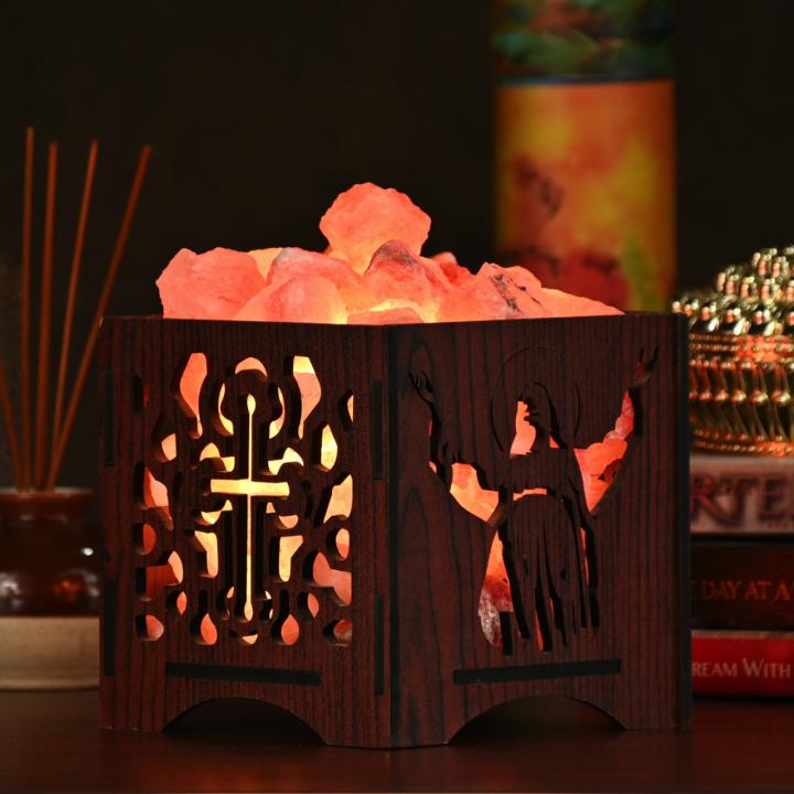 Jesus Himalayan Rock Salt Wooden Basket Lamp | Faith & Compassion