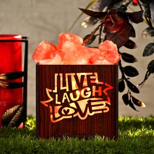 Live Laugh Himalayan Rock Salt Wooden Basket Lamp | Love & Spirituality
